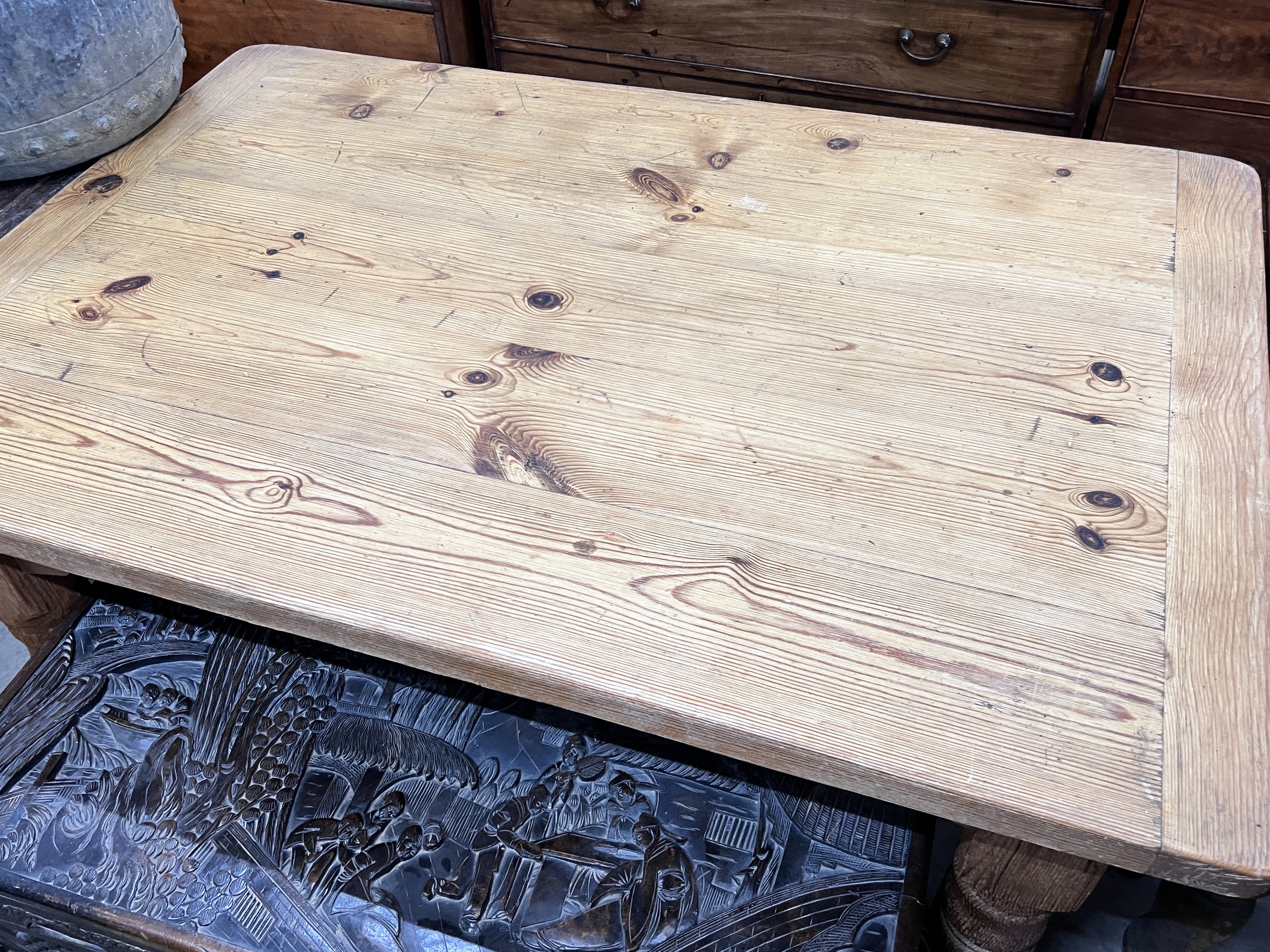 A Victorian style rectangular pine kitchen table, width 136cm, depth 91cm, height 76cm